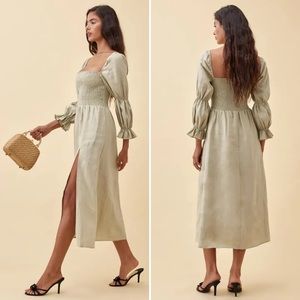 Reformation Hyland Linen Long Sleeve Midi Dress in Dried Herbs Sage Green, Small